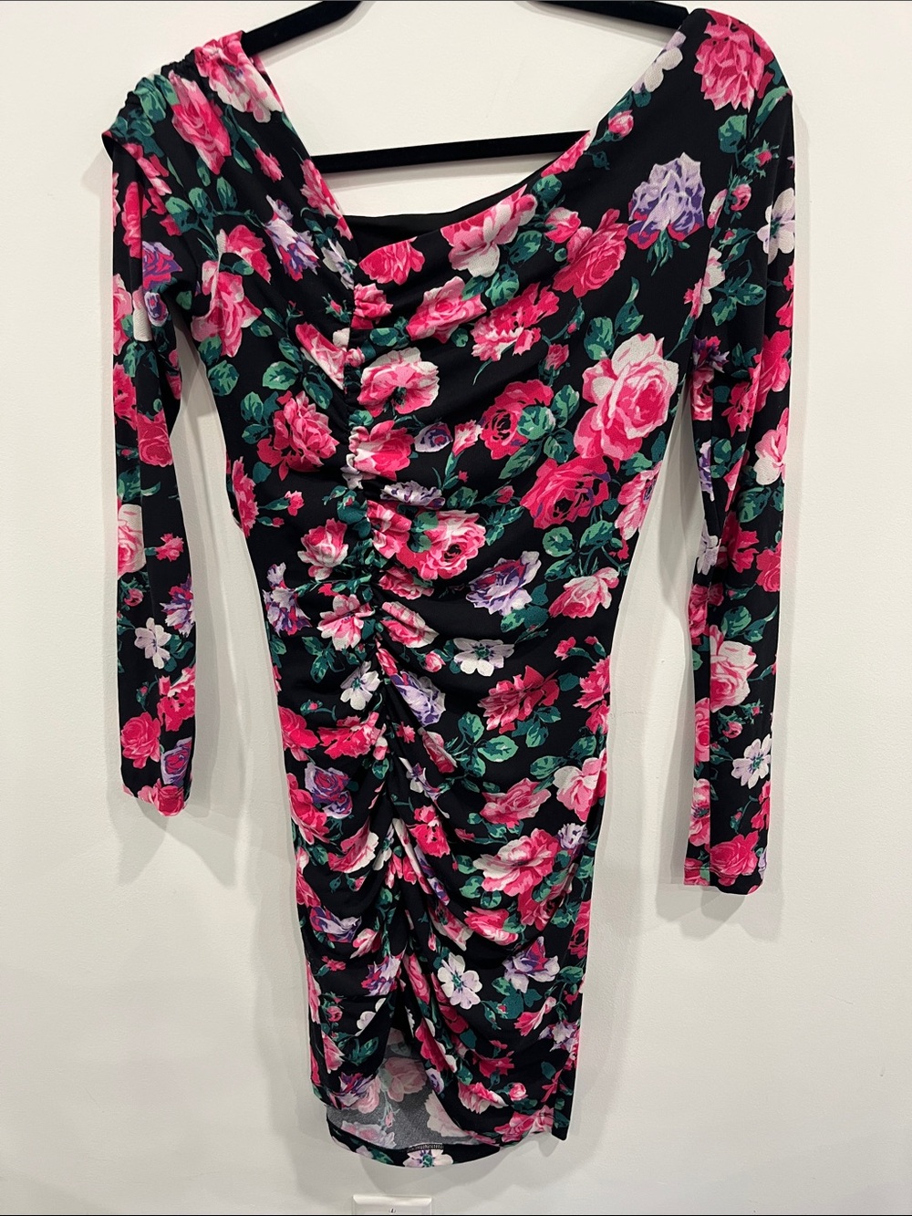 Ronny Kobo Women’s Floral Ruched Long-Sleeve Bodycon Dress - Black & Pink